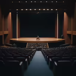 a person on a stage with a big screen