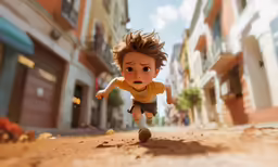 an animated animation of a young boy running across the street