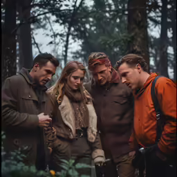 a group of people are standing in the woods together