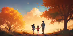 two children hold hands as they walk in the countryside,the family is walking towards the sunset on their own path