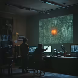 two people looking at a projector screen while standing near a desk
