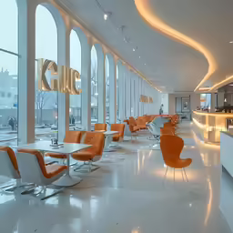 a very long and shiny white room with orange chairs