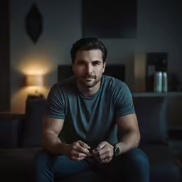 a man sitting on the couch in the dark