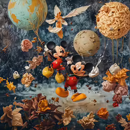 an image of mickey and pluto being flown through space