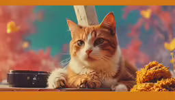a cat that is laying down near some food