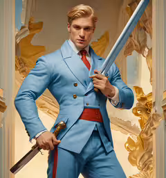 a man in blue suit holding an object while standing next to a wall,a man dressed in a blue suit holds up a sword