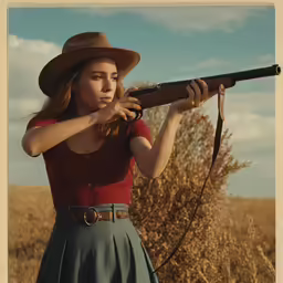 a young girl in a short skirt and cowboy hat, holding a rifle