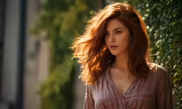 a woman standing near some bushes and looking into the distance