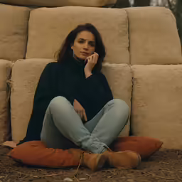 a woman sitting on the ground next to pillows