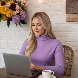 the woman in the purple shirt is working on her laptop
