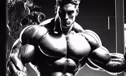 an artistic black and white image of a muscle man,a male bodybuil holding a chain with one hand and a muscular torso