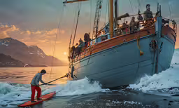 the man is pulling up a surfboard on the beach,a man walking into the water next to a boat