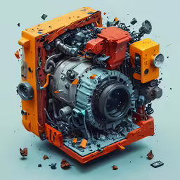 an industrially designed engine surrounded by pieces of broken materials