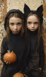 two small girls in costume holding pumpkins