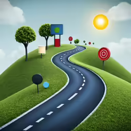 an illustration of a winding road that passes through the middle of trees