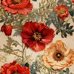 a bunch of red and orange flowers that are on a wall