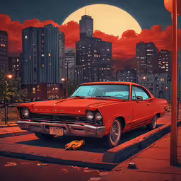the classic car is parked next to the curb,there is a car on the street in front of tall buildings