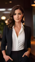 the model poses in a black and white business suit