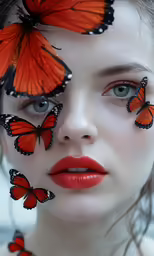 a woman with multiple butterflies painted on her face