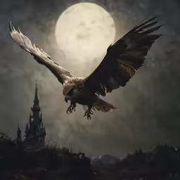 an eagle soaring towards a castle at night