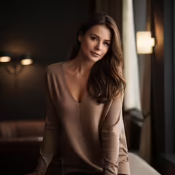 a beautiful woman wearing a brown sweater posing