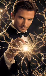a man holding some electrical energy that is very bright