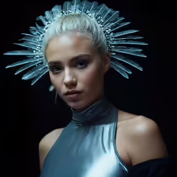 the model is wearing a silver outfit with metal accessories