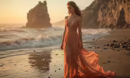 the woman is standing on the beach, wearing an orange dress