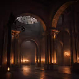 a room with candles, lights and columns