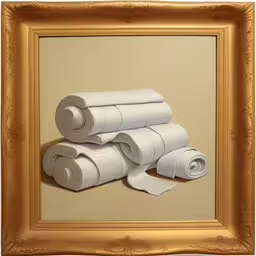 the painting has three rolls of toilet paper on it,a painting of rolled up toilet paper stacked on top of each other
