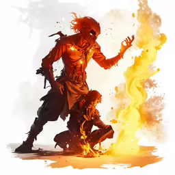 two people standing in front of a fire
