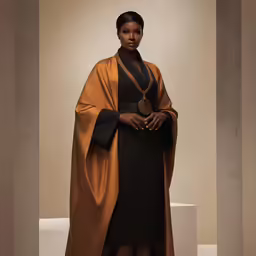 a black woman dressed in a tan and black cape with a beaded necklace, in a brown and black dress