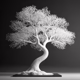 the white tree on a black table stands out