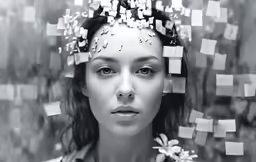 a woman wearing a crown and with papers attached to her head