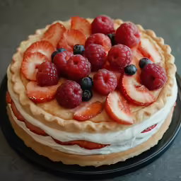 fruit topped cake sitting on top of a plate