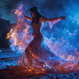 woman in flowing dress on field of flame