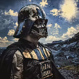 a man wearing a star wars costume standing on top of a field
