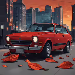 a red car parked on the street covered in fallen leaves,an orange colored car is surrounded by leaves