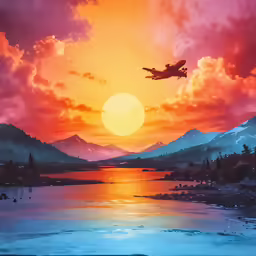 a scenic sunset scene of a jetliner flying into the sunset
