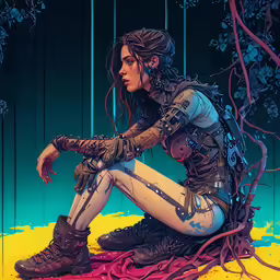 a woman sits in the shade of a tree while she is holding her knee