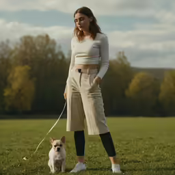 a girl standing in a field with her dog