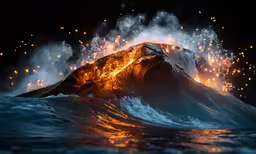 an orange and yellow fire is coming from a large wave