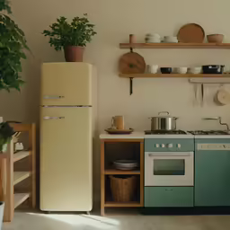 a kitchen with white walls and wooden shelves