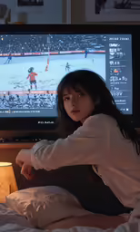 a girl sits in front of a television with her hands on her knees