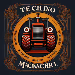 a red tractor on a black background with a yellow frame,a picture of the logo for tehno machachiri