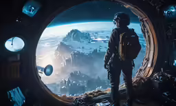 man standing on top of planet in space, looking out from a spaceship