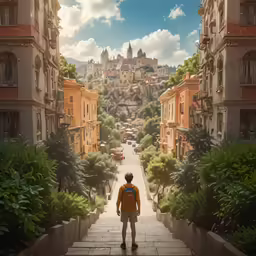 a man stands on a stairway in the middle of some town