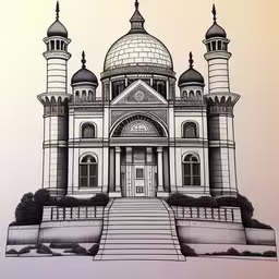 a drawing of a building with an entrance,a pen and ink drawing of an oriental building