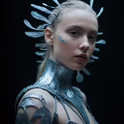 a woman is wearing silver clothing and some feathers