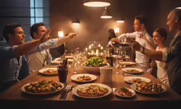 there is a group of people that are at the dining table